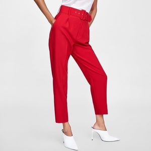 Zara red pleated pants with belt